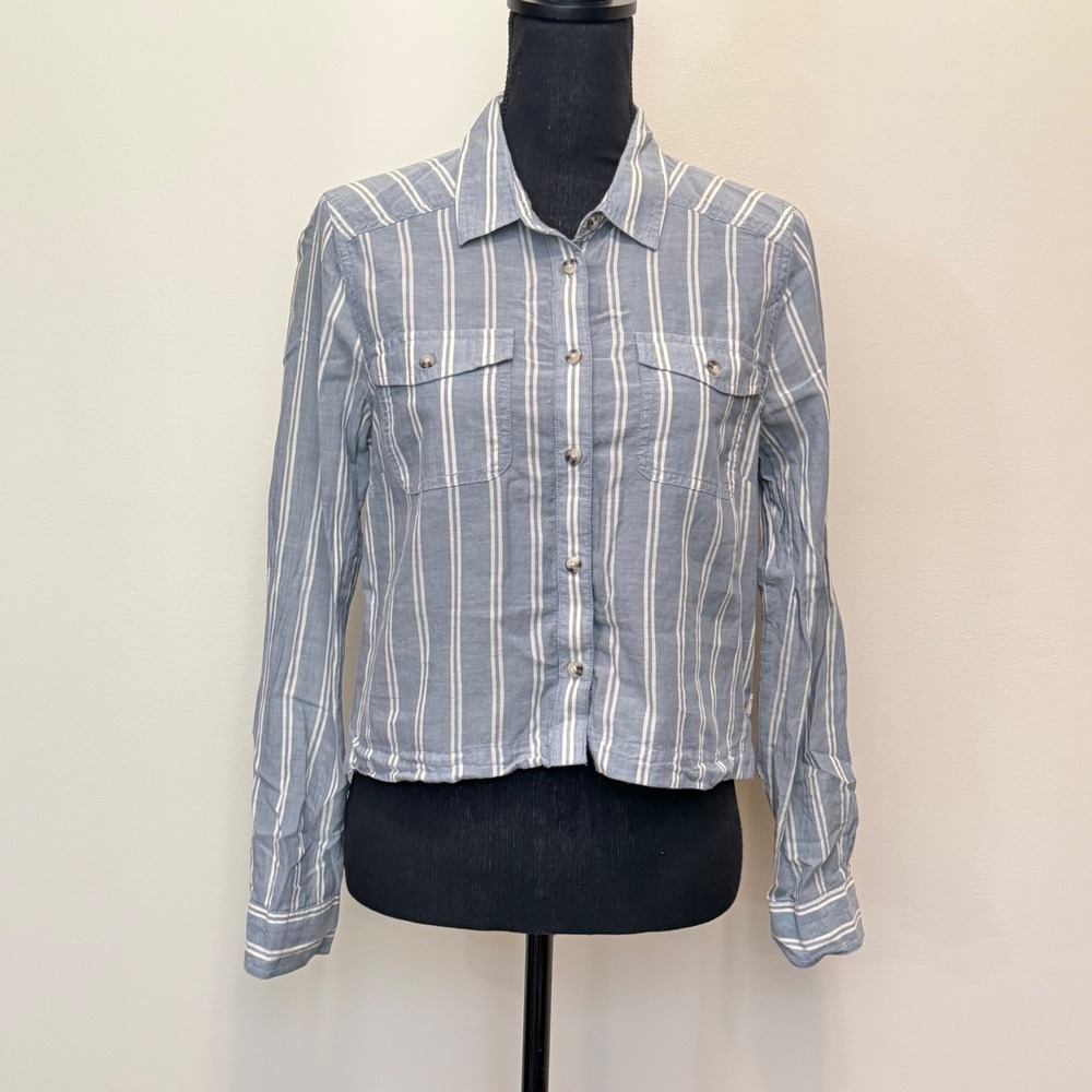 Toad&Co Airbrush LS Shirt Blue White Striped Organic Cotton Button Up Womens S